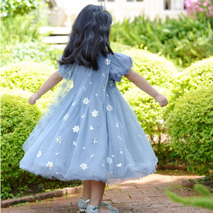 Summer Aisha Princess Dress Girls Blue Mesh Dress Frozen Aisha Puff Sleeve Children's Dress