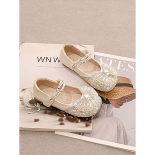 Girls' Shoes Children's Princess Small Leather Shoes Crystal Shoes Elsa 2024 New Spring and Autumn High Heels Rhinestones