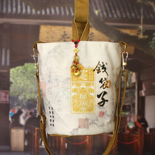 Money bag bucket bag Lingyin with temple scenic area leisure tourism creative girl hand canvas bag