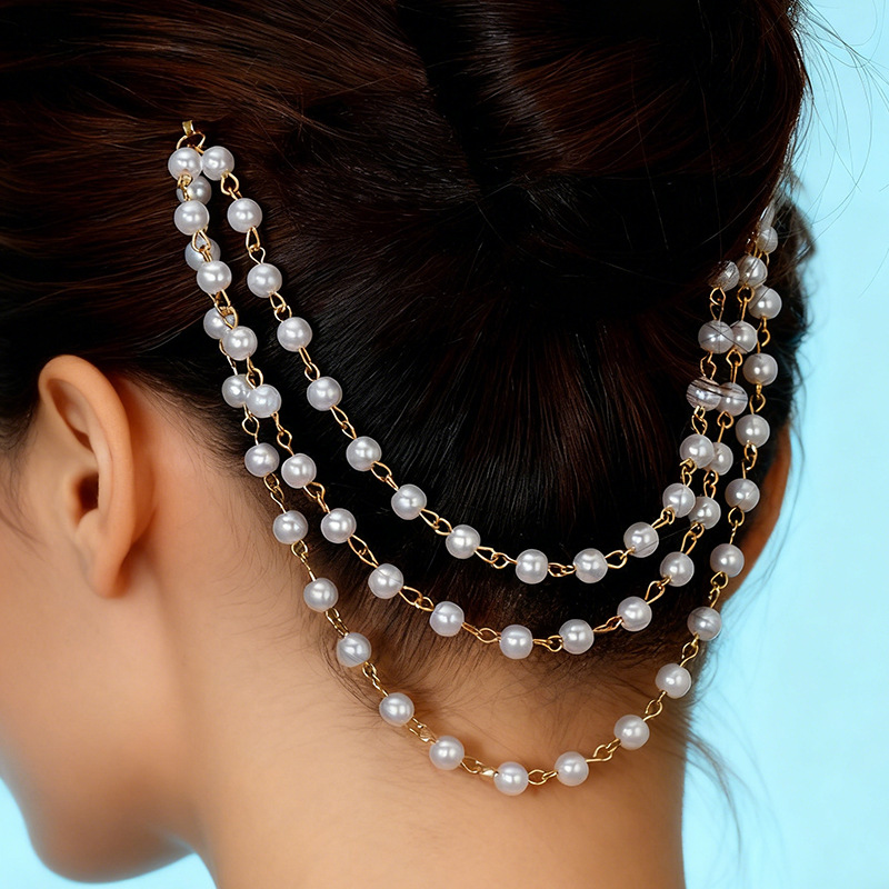 European and American Cross-Border Jewelry Imitation Pearl Multi-Layer Tassel Hair Chain Female Stylish Elegant Bridal Wedding Accessories Hair Accessories Hair Hoop