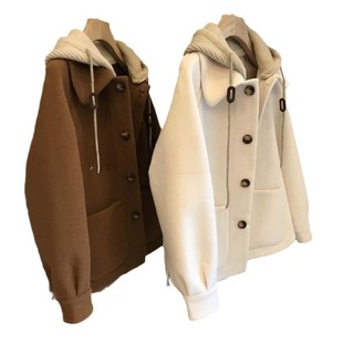 chubby girl Autumn and Winter New Wool Coat Women's plus size Knitted Hooded Fake Two-piece Thickened Top