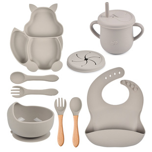 8 Pieces Silicone Tableware Set Squirrel Dinner Plate Suction Tube Cup Silicone Bowl Bib Split Plate Spoon Fork Baby Bowl Wholesale