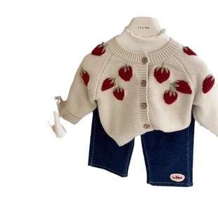 Girls' 2024 New Arrival Handmade Embroidered Strawberry Sweater Cardigan Baby Girl Vintage Three-dimensional Spring and Autumn Jacket