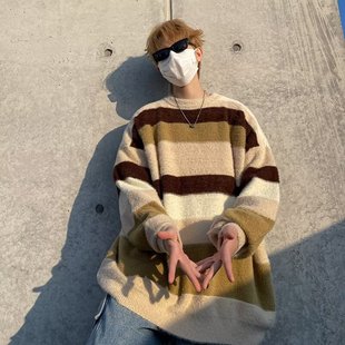 Зимний контрастный цвет полосатый мягкий клейкий норковый бархат толстый свитер для мужчин и женщин прилив пара bf носить рукава свитер с длинными рукавами
