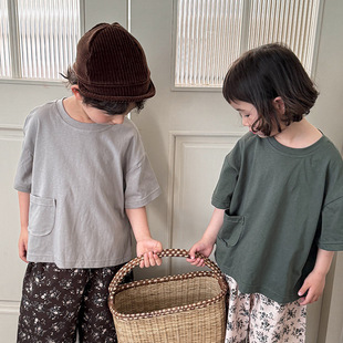Jiaye Children Pin 2025 детский летний новый чистый цвет карманные футболки с короткими рукавами для мужчин и женщин