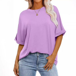 Cross-border Amazon wish foreign trade Europe and the United States women's 2024 summer casual plus size loose solid color short sleeve T-shirt women