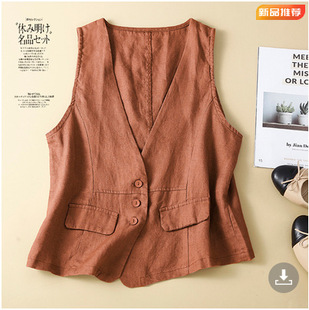 5-color cotton and linen vest sleeveless top summer collar casual sleeveless vest thin outer vest coat for women