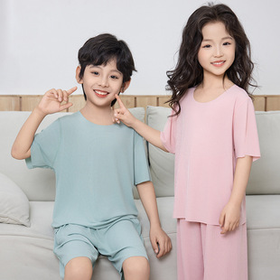 Children's Summer Home Clothes Set, Boys' Seamless Ice Silk Pajamas, Girls' Short-Sleeved Loose Air-Conditioned Clothes