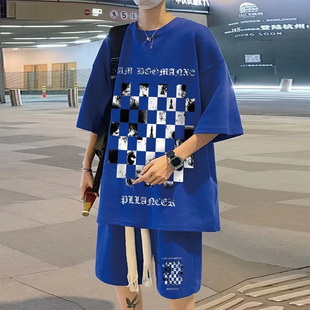 Sportswear Two-Piece Casual Waffle Suit Men's Summer Short-Sleeved T-Shirt Trendy Brand Teenagers