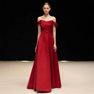 New Style off-shoulder Toast Dress Banquet High-end Dress Slimming Engagement wine red Evening Dress Slim-fit Elegant