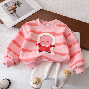 Girls' fleece-lined sweater 2023 new children's autumn and winter round neck pullover little girl's western style one-piece velvet top