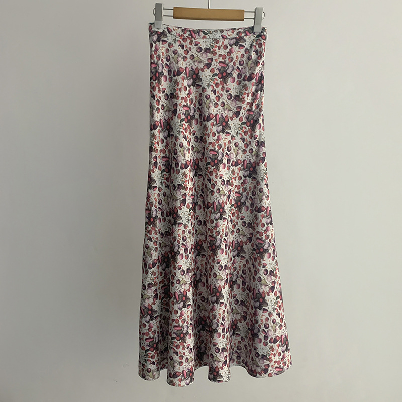 French-Style Elegant Strawberry Print Hip-Hugging Fishtail Skirt with Asymmetrical Hem and Elegant Viscose Drape