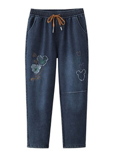 plus size Chubby Mother Women's Clothing Autumn and Winter New fleece-lined Thickened Jeans Slimming Loose Carrot Embroidered Dad Pants