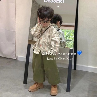 Boys' suit 2024 Spring and Autumn New Handsome Fashion Striped Shirt Top Crock Pants Children's Baby Two-Piece Set