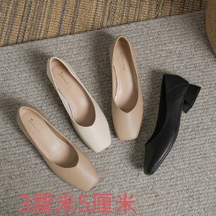 Evening style lady single-layer shoes women's shoes 2023 new popular retro commuter soft leather square toe mid-high heel grandma shoes