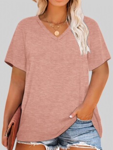 Cross-border Foreign Trade plus size Clothing European and American Casual V-neck Pullover Women's T-shirt Single Piece Stamping Plus Size Women's Clothing
