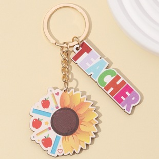 Cross-border Explosions Teacher's Day Wooden Printed Pencil Alarm Clock Keychain Pendant Creative Cute Letter Strip Bag Hanging Ornaments