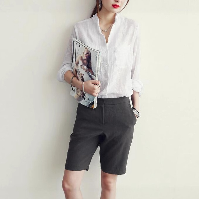 POLO 칼라 싱글 로우 멀티 버튼 한국식 올매치 컬리지 스타일 하라주쿠 셔츠 긴팔 코튼 린넨 셔츠
