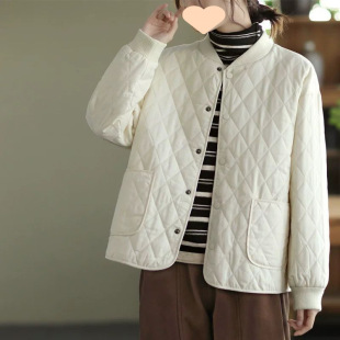 Cotton-padded jacket Women's 2024 Autumn and Winter New Thickened Warm Lightweight Vintage Loose Quilted Rhombic Plaque Solid Color Jacket