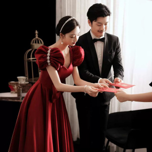 Toast Dress Princess at large Spring Temperament Wedding Temperament Wine Red Stunning Bride Engagement Evening Dress Female