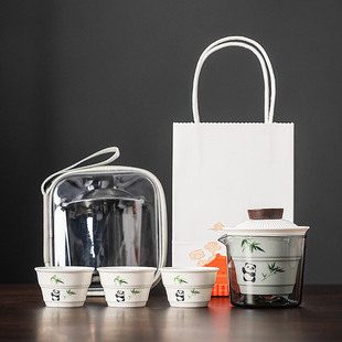 Panda Wen Chuang Palace Museum Sheep Fat Jade Porcelain Travel Tea Set suit One Pot of Three Cups of Sichuan Chengdu Business Commemorative Gifts