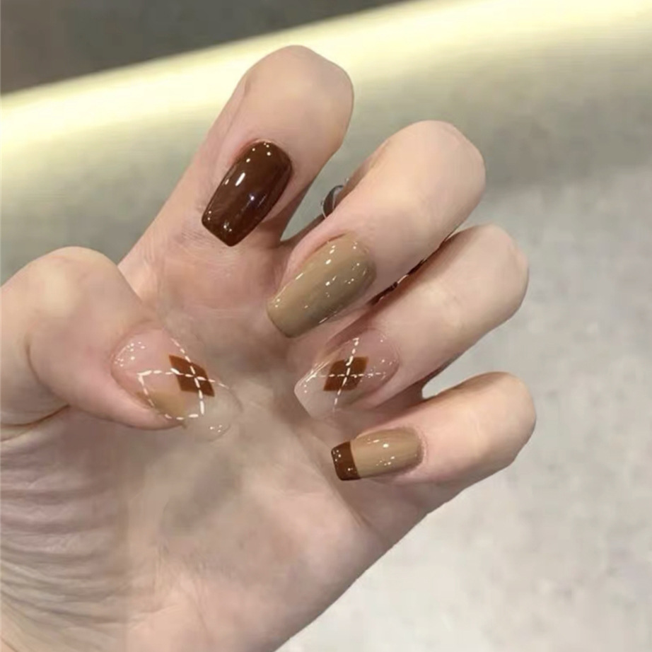 Pd-217 Coffee British Fake Nail Patch Cross-Border Color Wearable Nail Art Patch Wholesale Fakenail
