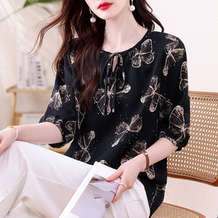 2025 Summer New Top Women's chubby girl Printed Chiffon Niche Chic Casual T-Shirt Elegant Mid-Sleeve Shirt