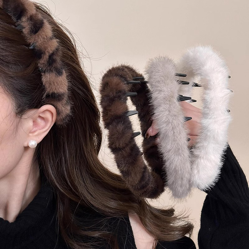 Sweet Cool Leopard Pattern with Teeth Plush Wave Hair Band Hair Root Fluffy Artifact Wash Face Pressure Hair Non-slip Hair Band Hair Pin Headwear