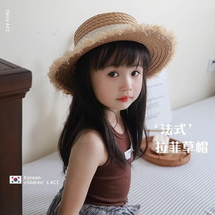 Handmade Rafi Grass Children's Straw Hat Summer Travel Sunshade Sunscreen Women's Cute Fashion Rust Bow Ins Style