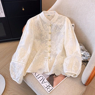 New Chinese Style National Style Embroidered Vertical Collar Long Sleeve Shirt Women's Spring New Style Small Shirt High-grade Elegant Top