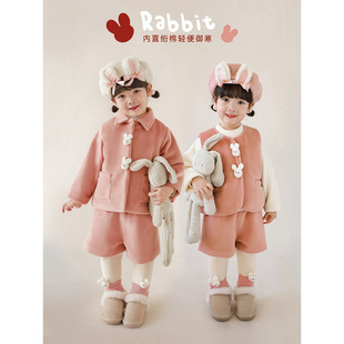 Wuri Bub Girl's Woolen Coat Winter 2024 New Cute Thickened Outerwear Vest Baby Warm Pants