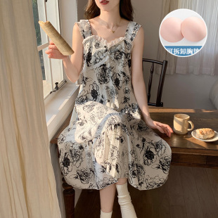plus size Pajamas Women's Summer with Chest Pad Cloud Cotton Sling Nightgown Sweet Small Flower Loose Outer Wear