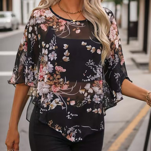 European and American Women's Foreign Trade Women's Clothing Amazon Explosions Cross-border Chiffon Sexy Perspective Blouse Top Chiffon Shirt