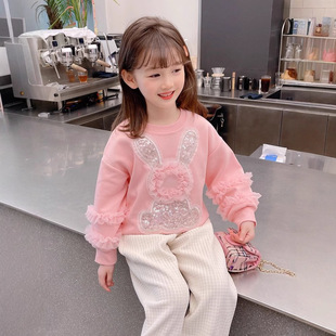 Girls' sweater New 2024 spring and autumn clothes girls' Western style rabbit pullover children's cute pink long sleeve cotton