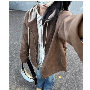 Spring and Autumn Leather Jacket Women's 2025 New Explosions American Retro Short Brown Fake Two-piece Hooded Jacket Trendy