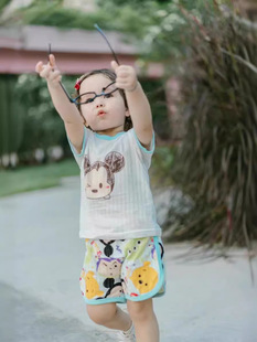 Children's Breathing Cotton Short-sleeved Cotton Home suit Cute Cartoon Summer Short-sleeved Shorts 2-piece Set Kindergarten