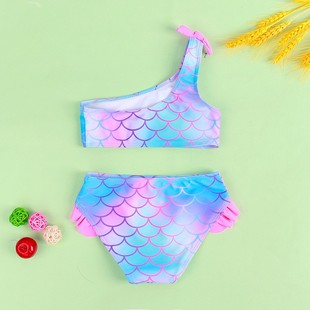 New Girls Swimsuit Cross-Border European and American Kidsren Baby Girl Fish Scale Print Ruffle Gradient Hot Spring Swimsuit Multi-Color
