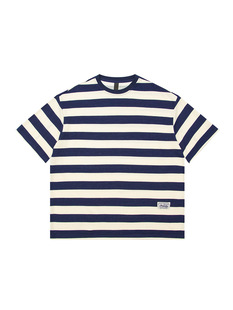 260g Heavy Blue and White Striped Short-sleeved T-shirt Men's College Style Casual Neutral Style Couple Base T-shirt