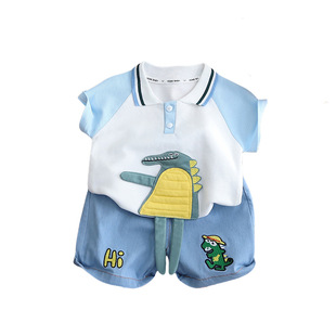 Five small seven children's clothing 2025 summer new 0-4 years old boys and girls three-dimensional lapel crocodile short sleeve 2-piece set