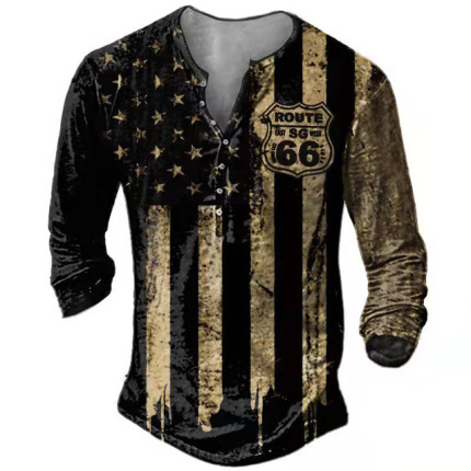 Cross-border Foreign Trade Men's Open Placket Seven-button T-shirt Retro Viking Graphic Printing Men's Long-sleeved plus size T-shirt