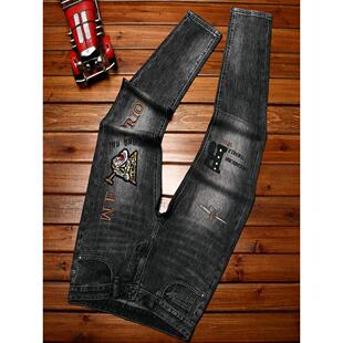 European Embroidered Jeans Men's Summer Thin Summer Fashionable Korean Style Slim Fit Skinny Pants Men's Fashion Trousers