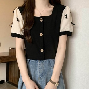 Large Size Women's Clothing Chubby Girl Contrast Square Collar Stitching Short Sleeve T-Shirt Women's Summer New Retro Design Slim ins Top