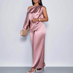 2025 European and American Cross-Border Independent Station Summer Casual Women's Satin Suit Slope Collar Short-Sleeved Top + Pants Suit