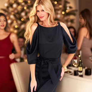2025 Cross-border AliExpress Women's European and American Spring and Summer Black Imitation PU Matte Slant Shoulder with Belt dress