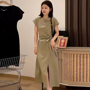 Cross-border plus size chubby girl Short-sleeved dress Women's 2024 Summer New Design Sense Strap Fashion Split Long Skirt