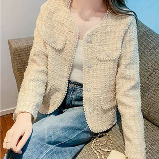 Pink Socialite Short Chanel Style Coat Women's Spring and Autumn New Style Petite French High-end Beaded Top Jacket