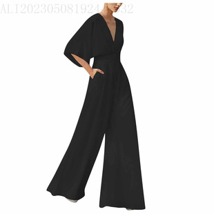 European and American 2024 European and American Foreign Trade New Women's V-Neck Pants Amazon Casual High Waist Wide Leg Pants