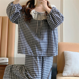 South Korea ins ladies autumn new Korean style pink plaid round neck lace long sleeve trousers pajamas suit wholesale