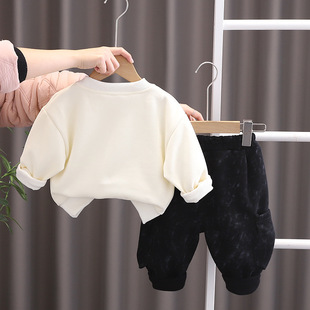 Five small seven children's clothing 2025 spring and autumn new 0-5 years old boys and girls letter pocket sweater pants 2-piece set