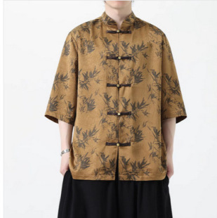 New Chinese Style Chinese Style Buckle Tang Coat Summer Thin Ice Silk Short Sleeve Loose plus size Printed Shirt Men's Top